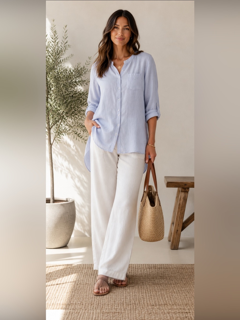 Sigrid Olsen Light Blue Linen Shirt - Tunic Classic Button-Up Size Medium
